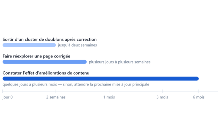 Frise horizontale des trois délais d'effet publiés par Google : deux semaines pour sortir d'un cluster de doublons, plusieurs jours à plusieurs semaines pour une réexploration, plusieurs mois pour l'effet d'améliorations de contenu.